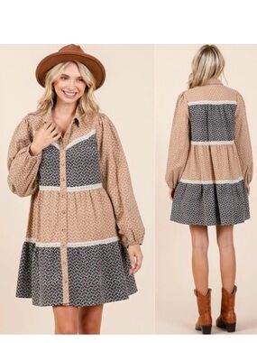 LOVELO Embroidered Color Block Collared Dress NWT in Black & Tan Small